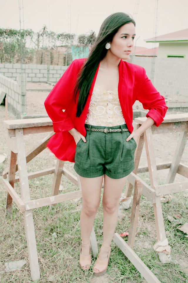 DIY cuffed shorts outfit worn with red blazer and vintage corset