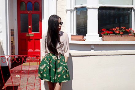 Pleated skirt and sheer blouse London outfit