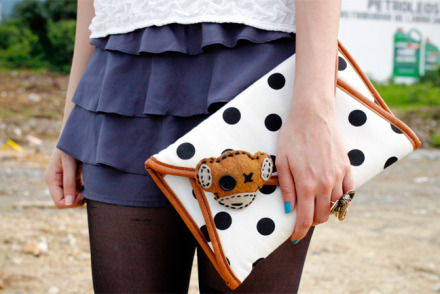 Birthday outfit detail - ALDO polkadot clutch and Monk3y Jam pin by Roberto Johnson