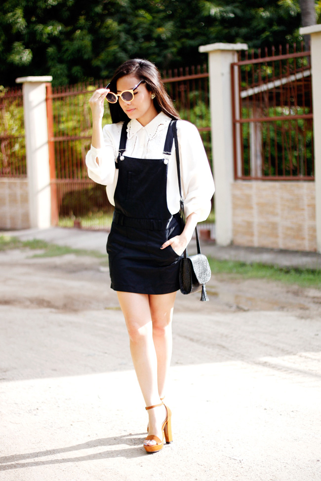 Black satin pinafore dress, ASOS sunglasses, H&M tassel handbag