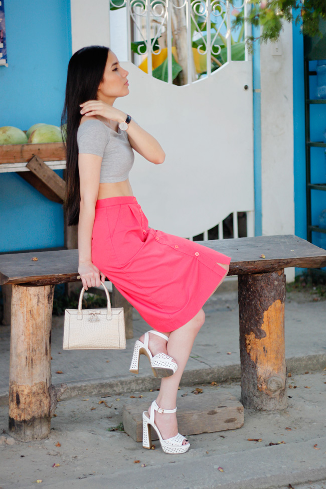 Midi skirt and DIY faux croc mini handbag for summer